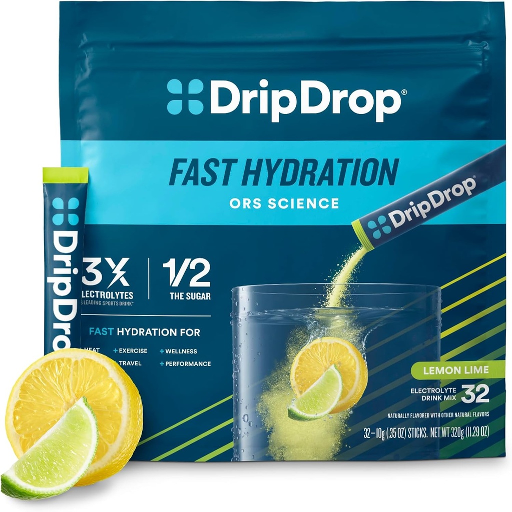 Paquets d'hydratation DripDrop - Lime citron - Mélange de boissons en poudre d'électrolytes à usage unique - Non-OGM, sans gluten, végétalien - 32 bâtonnets