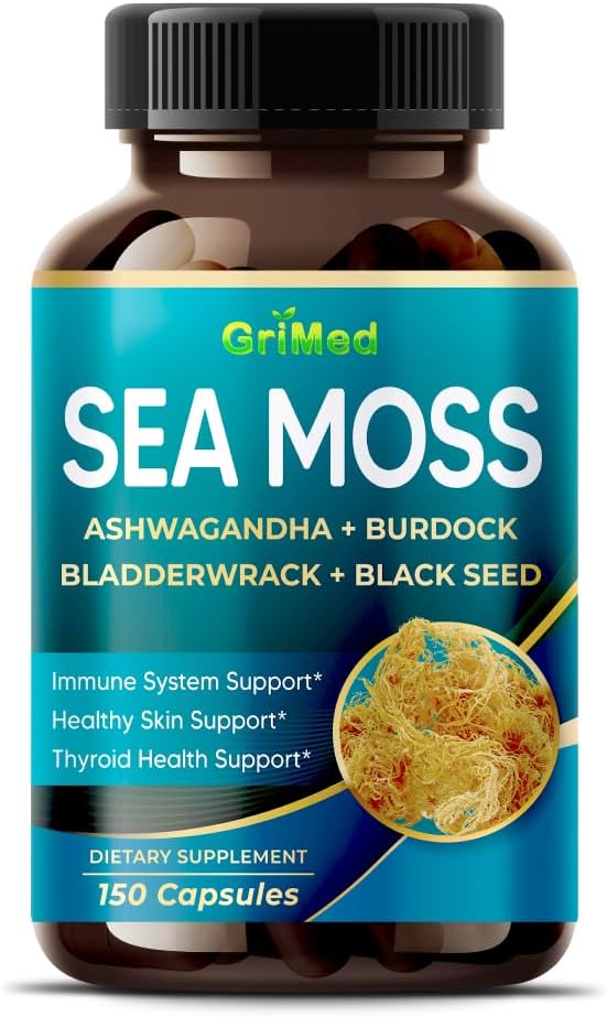 Premium Sea Moss with Ashwagandha, Burdock Bladderwrack, Black Seed for Immune System, Skin, Digestion & Energy- Made in The USA (150 Count (Pack of 1))