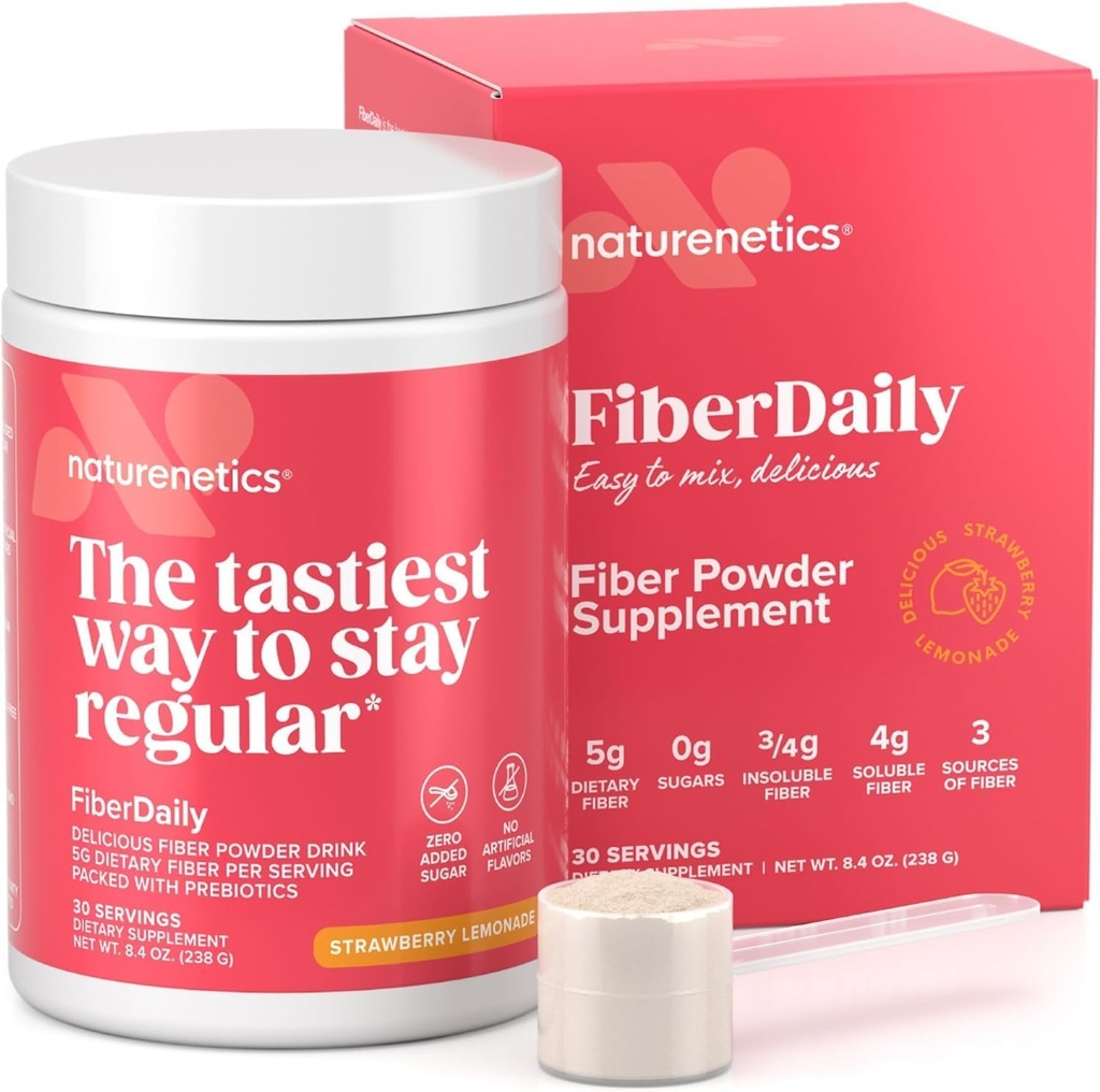 FiberDaily Delicious Fiber Powder - Psyllium Organic Husk, Agave Inulin & Sunfiber® Guar Gum Limonade de fraise, sans sucre, fibre soluble, supplément de fibre prébiotique, végétalien, 30 portions