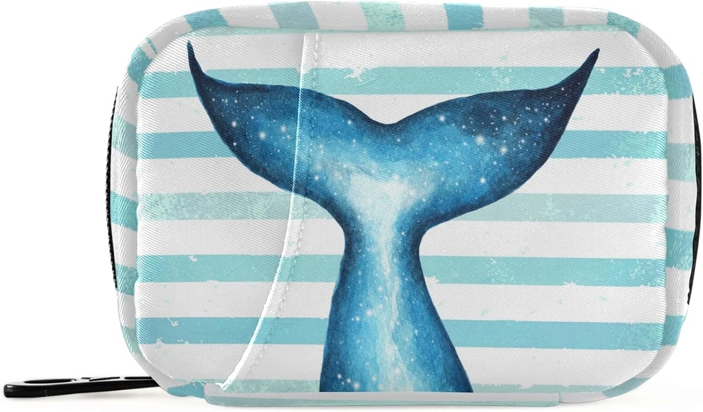 Stripe Whale Mermaid Tail Pill Box 7 Day Pill Case Travel Pill Organizer Bag with Zipper Portable Weekly Case Compact Size for Vitamin Supplement Holder