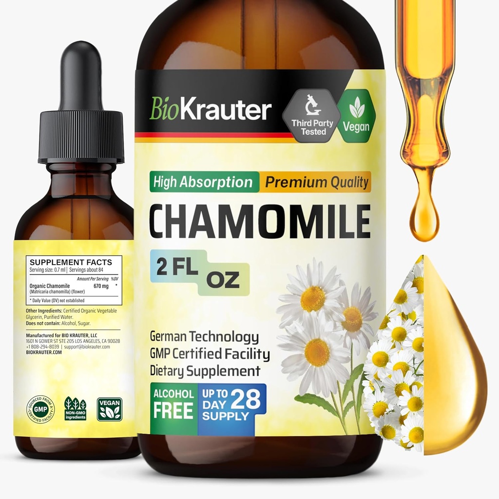 BIO KRAUTER Fleurs de camomille Teinture - Extrait de camomille - Contient Apigenin - Supplément pour la relaxation et le calme Support - Sans alcool et sans sucre - Vegan gouttes 2 Fl.Oz.