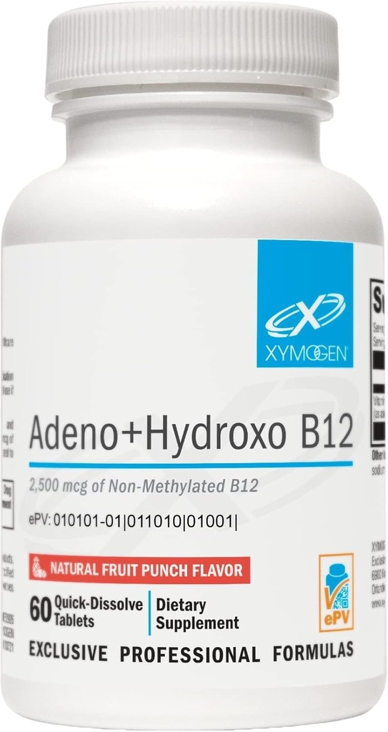 XYMOGEN Adéno+Hydroxo B12 - Non-méthylé (2 500 mcg) - B12 Lozanges à dissolve rapide avec adénosylcobalamine B12 + Hydroxocobalamine - Support cognitif, Fruit Punch Flavor (60 comprimés)