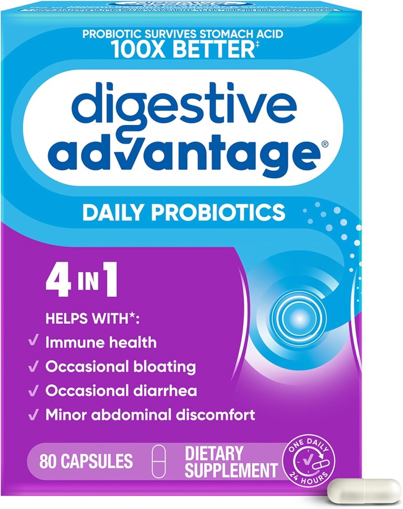 Avantage digestif Probiotiques pour la santé digestive, Probiotiques quotidiens pour les femmes et les hommes, Soutiens Gut Health, Bloating occasionnel & Diarrhée, Désagrément Abdominal Mineur, & Immune Support, 80ct Capsules