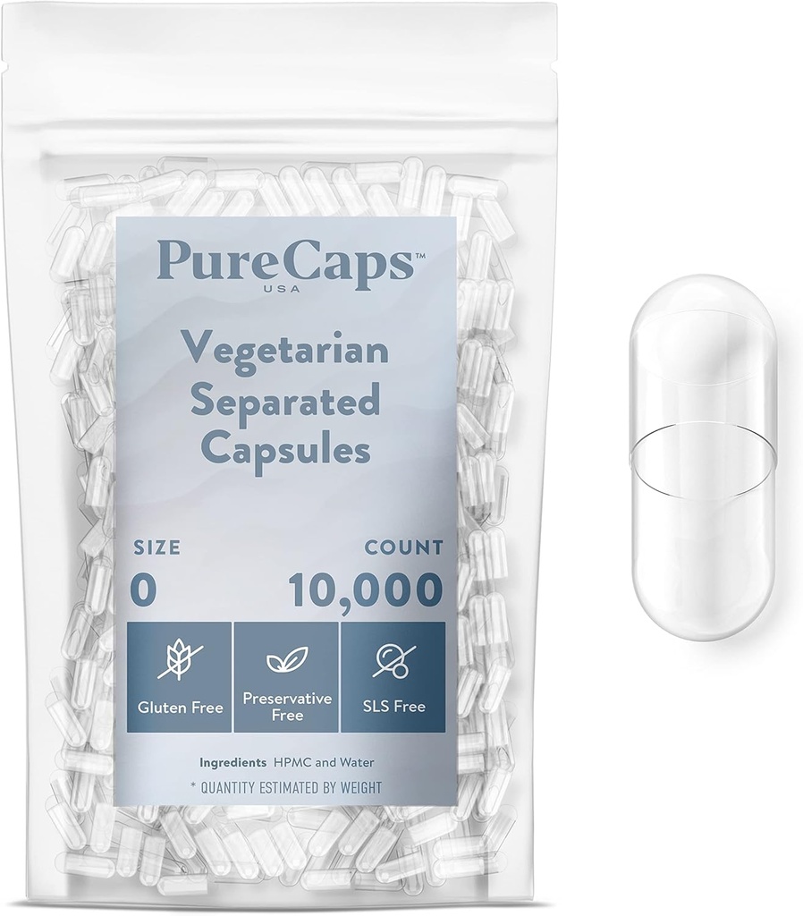 PureCaps États-Unis - Vide Végétarienne Pilules Végétariennes Taille 0: 10 000 Pilules séparées Clear: Non-GMO Certifié SLS, Gluten, Sans Préservatif