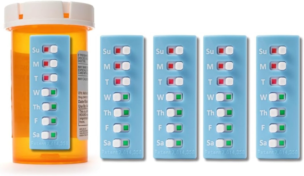 Take‐n‐Slide Peel and Stick Reutilisable for 12 + Recharges, Pill/Medication/Vitamine/Pet Med Tracker & Rappel, Joindre à votre bouteille, sans organisateur, courbée-Retour (Blue, 5-Pack)