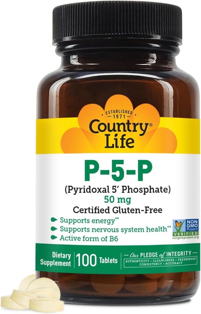 Country Life P-5-P Vitamine B6 – Biodisponible Pyridoxal-5-Phosphate Supplément pour l'énergie, le soutien du système nerveux et la croissance des globules rouges – Certifié sans gluten, végétalien, non OGM – 100 capsules