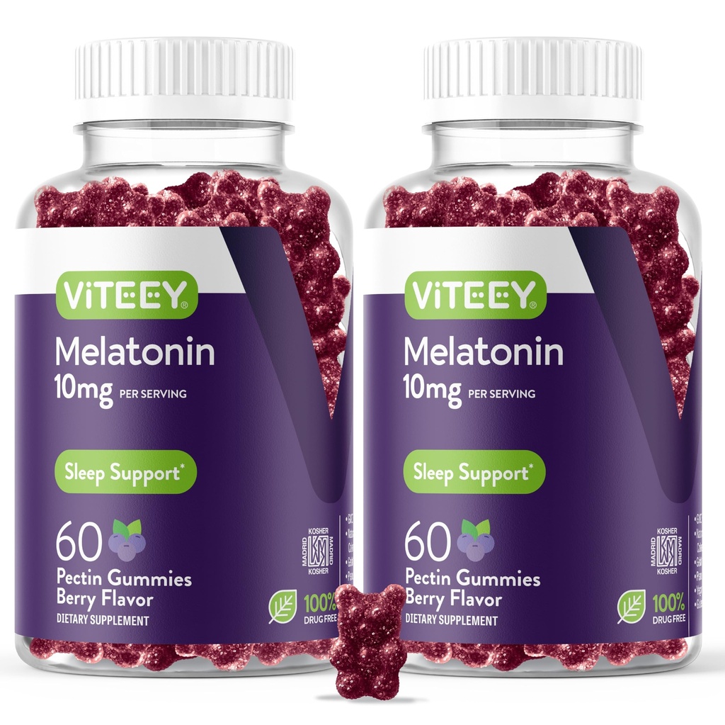 Viteey Mélatonine Gommies 10mg - Gommies de sommeil pour adultes Mélatonine extra-forte - Vegan, sans OGM, sans gluten - 120 Nombre