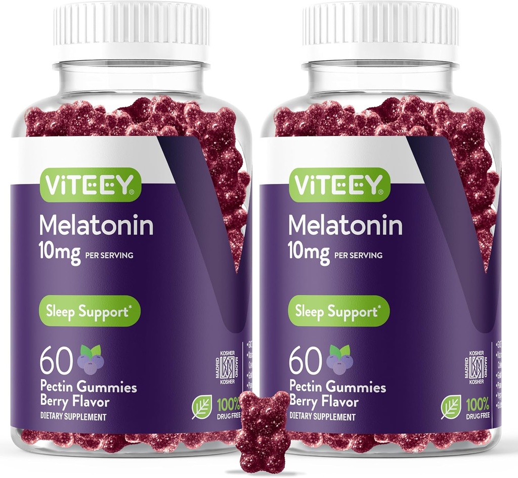 Viteey Mélatonine Gommies 10mg - Gommies de sommeil pour adultes Mélatonine extra-forte - Vegan, sans OGM, sans gluten - 120 Nombre