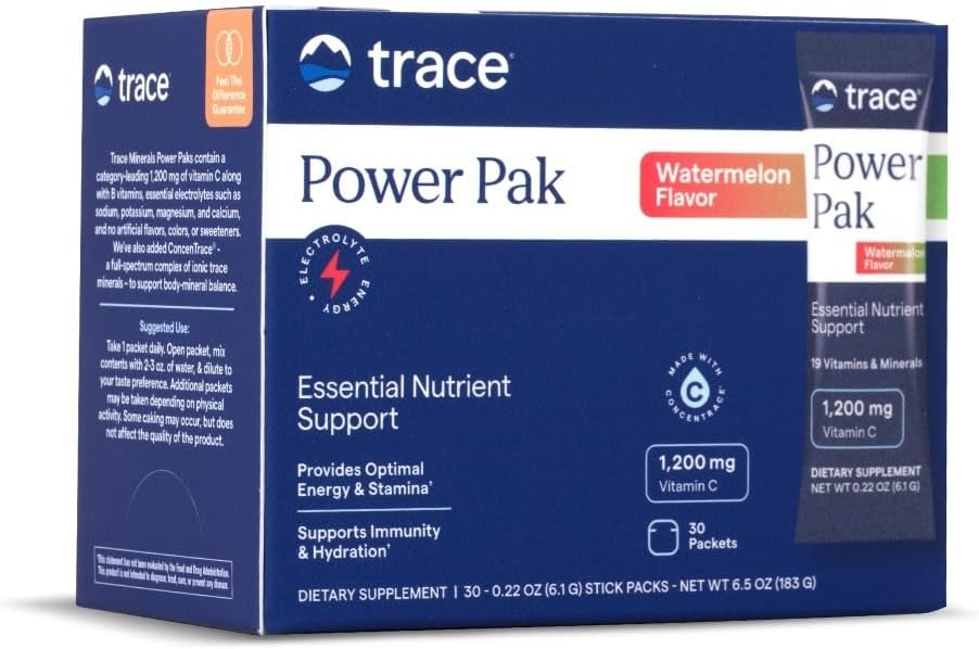 Trace Minerals Power Pak - Paquets multivitamines pour le soutien des nutriments essentiels - Hydratation, immunité et énergie - Vitamines et minéraux naturels - Saveur de pastèque - 30 paquets