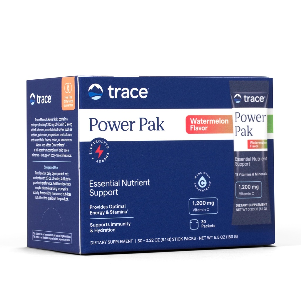 Trace Minerals Power Pak - Paquets multivitamines pour le soutien des nutriments essentiels - Hydratation, immunité et énergie - Vitamines et minéraux naturels - Saveur de pastèque - 30 paquets