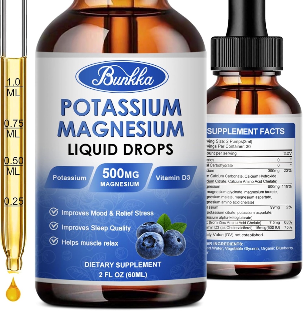 Supplément de magnésium potassique - Complexe de magnésium à forte absorption 500mg & Potassium 99mg Plus Calcium, vitamine D3, zinc, sucre sans gouttes Supplément pour les crampes des jambes, énergie, métabolisme (Blueberry)