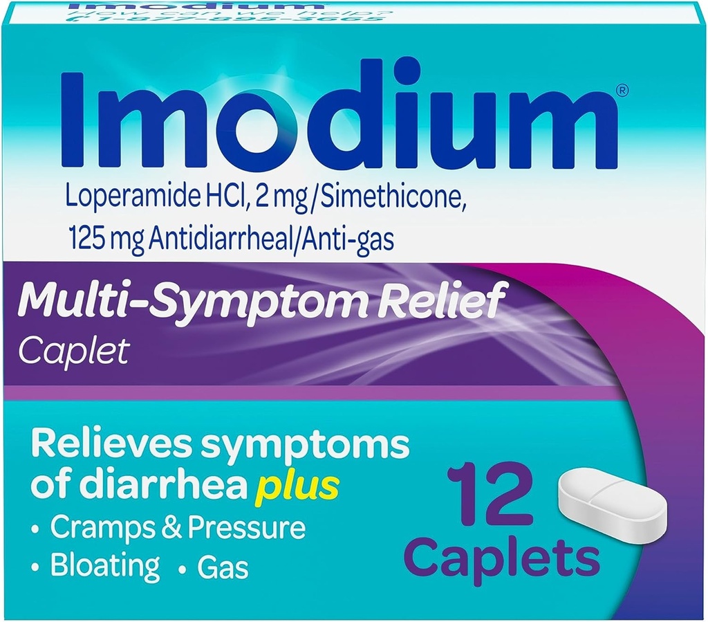 Imodium Multi-Symptome Relief Caplets, Loperamide Hydrochloride et Siméthicone Anti-Diarrhée Médecine pour soulager la diarrhée, le gaz, le gonflement, les crampes et la pression, HSA/FSA Admissible, 12 ct