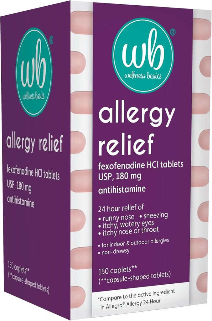 Wellness Basics Allergy Relief (en anglais seulement) Fexofenadine HCL180 mg Comprimé (en anglais seulement) 150 Nombre (en anglais seulement) Relief 24 heures sur 24 (en anglais seulement) Antihistaminique non somnolente (en anglais seulement)