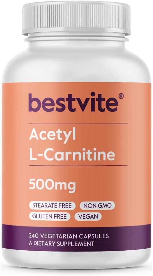 BESTVITE acétyl L-Carnitine 500mg (240 Capsules végétariennes) - Pas de stéarate - Vegan - Non OGM - Sans gluten