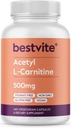 BESTVITE acétyl L-Carnitine 500mg (240 Capsules végétariennes) - Pas de stéarate - Vegan - Non OGM - Sans gluten