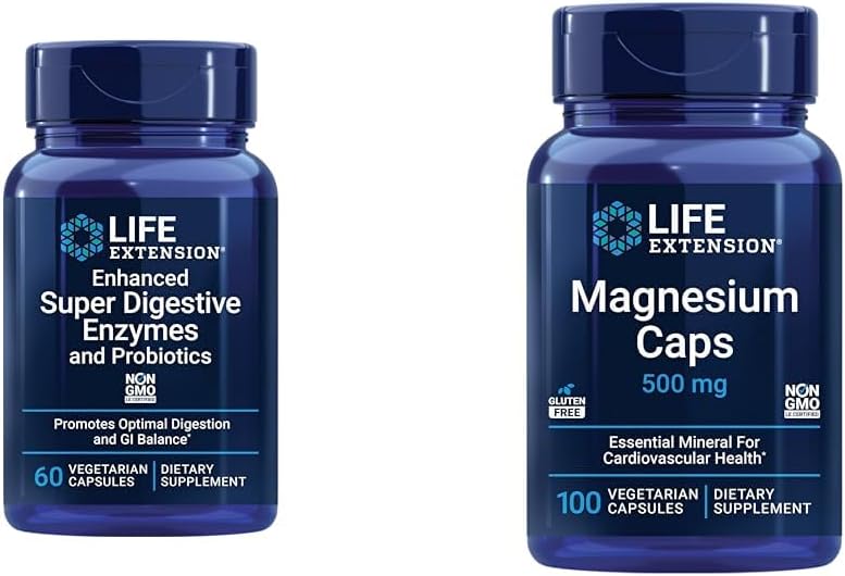Life Extension 60 Capsules végétariennes Enzymes et probiotiques Super Digestifs améliorés et 100 Capsules de magnésium pour le soutien cardiaque, os, métabolisme
