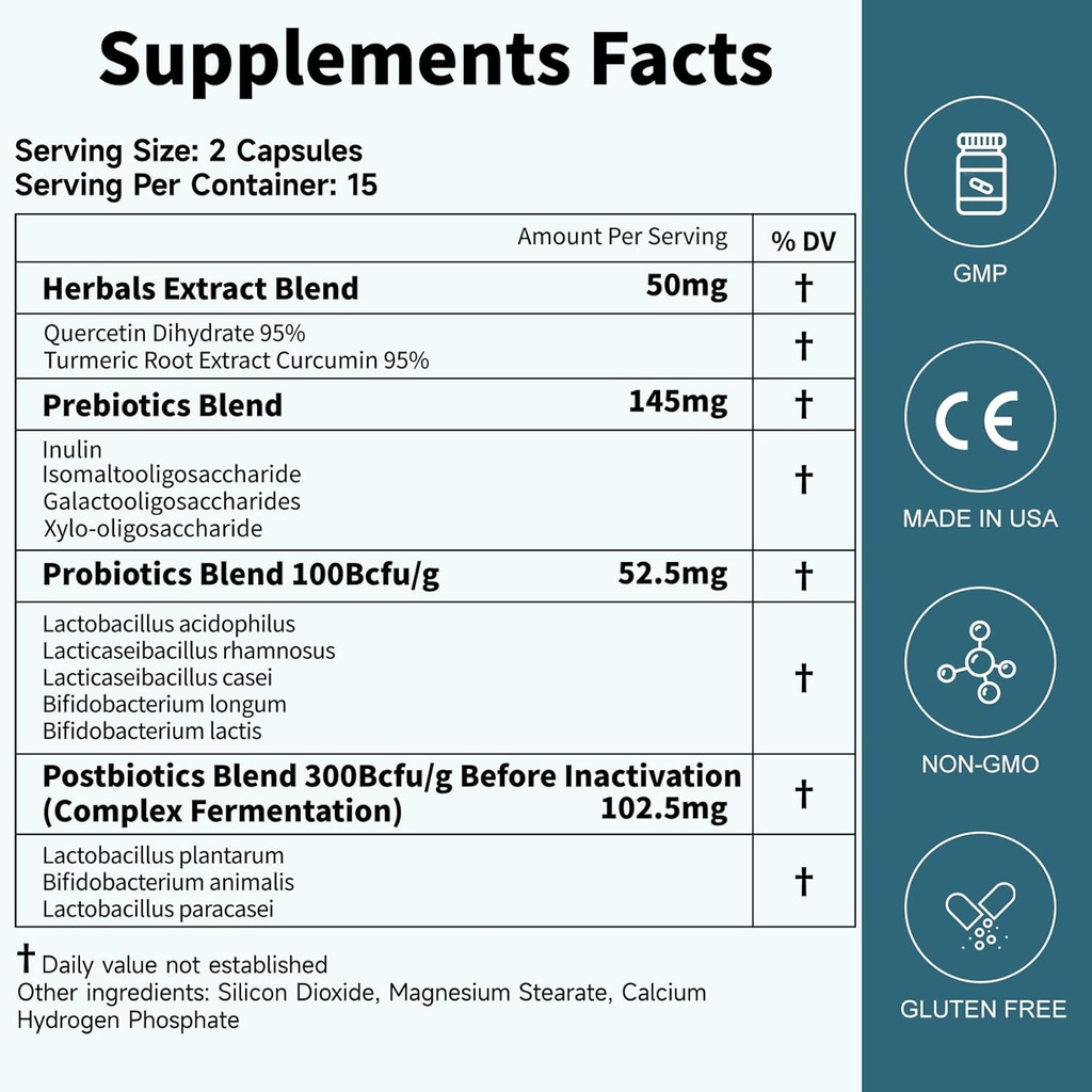 Probiotiques Femmes Hommes Gut Santé: Digestive Santé Immune Soutien étagère de soulagement de ballonnement Straines stables 35B UFC par complexe de capsules avec prébiotiques Postbiotique Quercetin & Curcumin Dietary Supplement