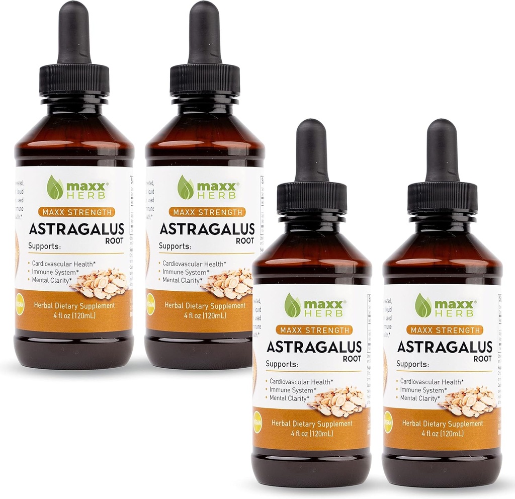 Extrait de racine d'Astragalus de Maxx Herb - Teinture liquide Max Strength Absorbe mieux que les capsules ou la poudre, pour le soutien immunitaire et la clarté mentale - 4 bouteilles, 4 oz chacune (240 portions)