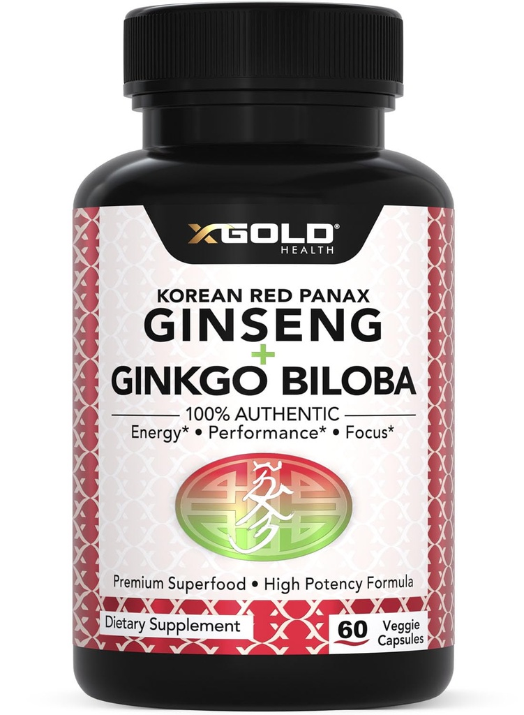 Panax rouge coréen Ginseng 1200mg + Ginkgo Biloba - Extra Streng Extract Root Powder Supplement w/High Ginsénosides Capsules végétaliennes pour l'énergie, la performance et la focalisation - Supplément pour les hommes et les femmes