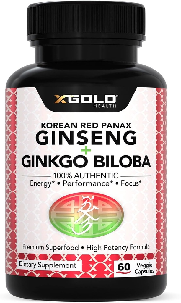 Panax rouge coréen Ginseng 1200mg + Ginkgo Biloba - Extra Streng Extract Root Powder Supplement w/High Ginsénosides Capsules végétaliennes pour l'énergie, la performance et la focalisation - Supplément pour les hommes et les femmes