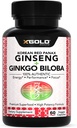 Panax rouge coréen Ginseng 1200mg + Ginkgo Biloba - Extra Streng Extract Root Powder Supplement w/High Ginsénosides Capsules végétaliennes pour l'énergie, la performance et la focalisation - Supplément pour les hommes et les femmes