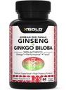 X Gold Health Korean Red Panax Ginseng + Ginkgo Biloba – 7% Ginsenosides Extra Strength – Energy, Memory, Focus & Brain Support – Premium Supplement for Men & Women – Non-GMO, 60 Vegan Capsules
