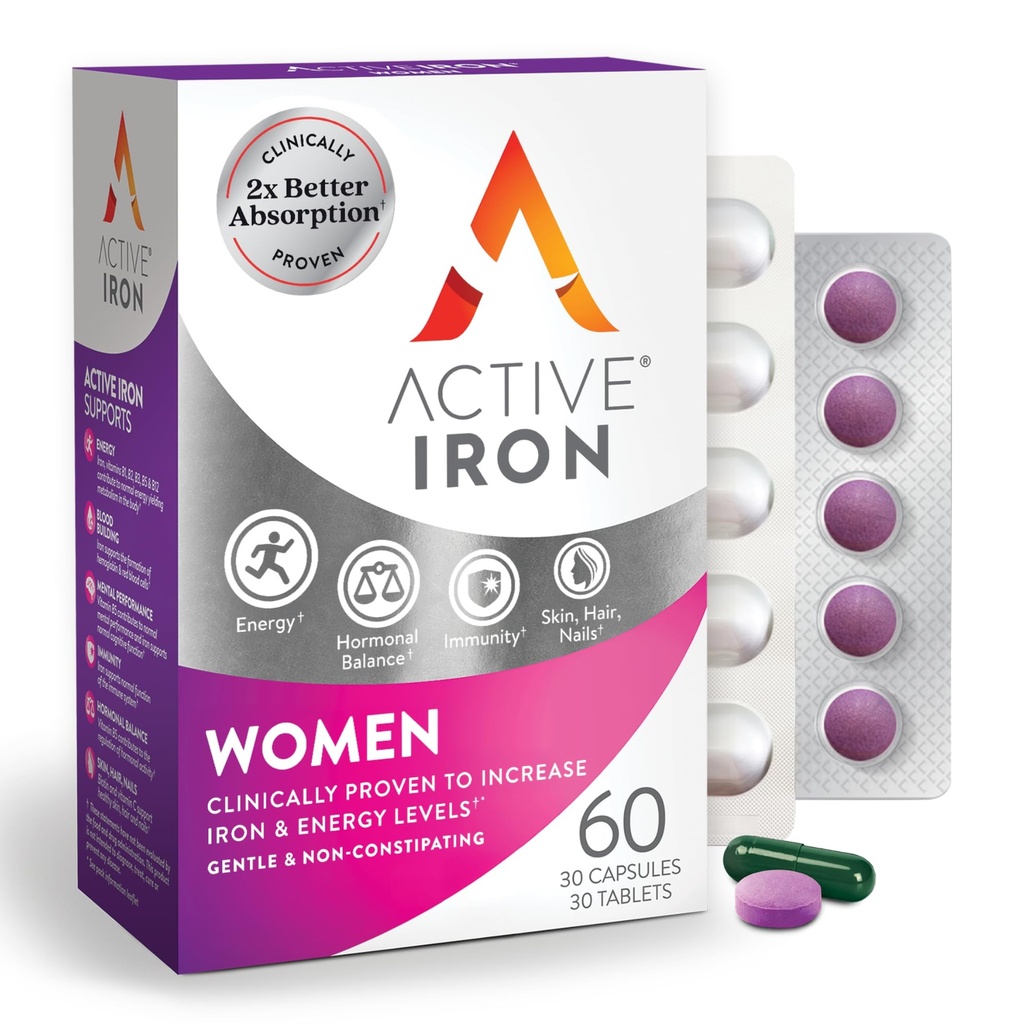 Supplément en fer actif 25mg + Multivitamine pour les femmes – Prouvé cliniquement pour augmenter l'énergie et réduire la fatigue – Fer doux, non constipant + femmes Multivitamine – 30 capsules + 30 comprimés