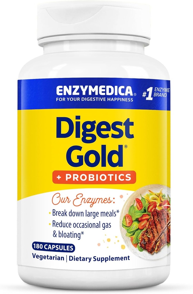 Enzymedica Digest Gold + Probiotiques, 2-en-1 Formule pour la santé des intestins, enzymes digestives et 1 milliard de cultures probiotiques actives, 180 Nombre (FFP)