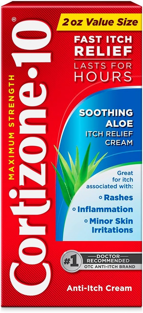 Cortizone-10 Maximum Strength Soothing Aloe Itch Relief Cream, 1% Hydrocortisone, Fast-Acting, Anti-Itch Cream for Bug Bites, Rash, Eczema, Psoriasis, Poison Ivy, Oak, Sumac & More, 2 oz