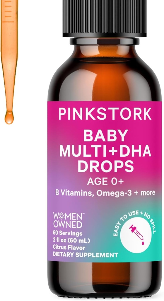 Pink Stork gouttes multivitamines liquides pour bébé, gouttes de vitamine pour bébé et pour bébé avec DHA, vitamine C, D, B12 et Choline pour soutenir la santé cérébrale et la fonction immunitaire - 2 fl oz, 2 mois d'approvisionnement