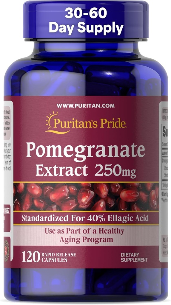 Puritan's Pride Premium Pomegranate Extract 250mg, supplément alimentaire pour la santé antioxydante et le vieillissement en santé, 40% acide ellagique,120 capsules à libération rapide (paquetage mai vary)
