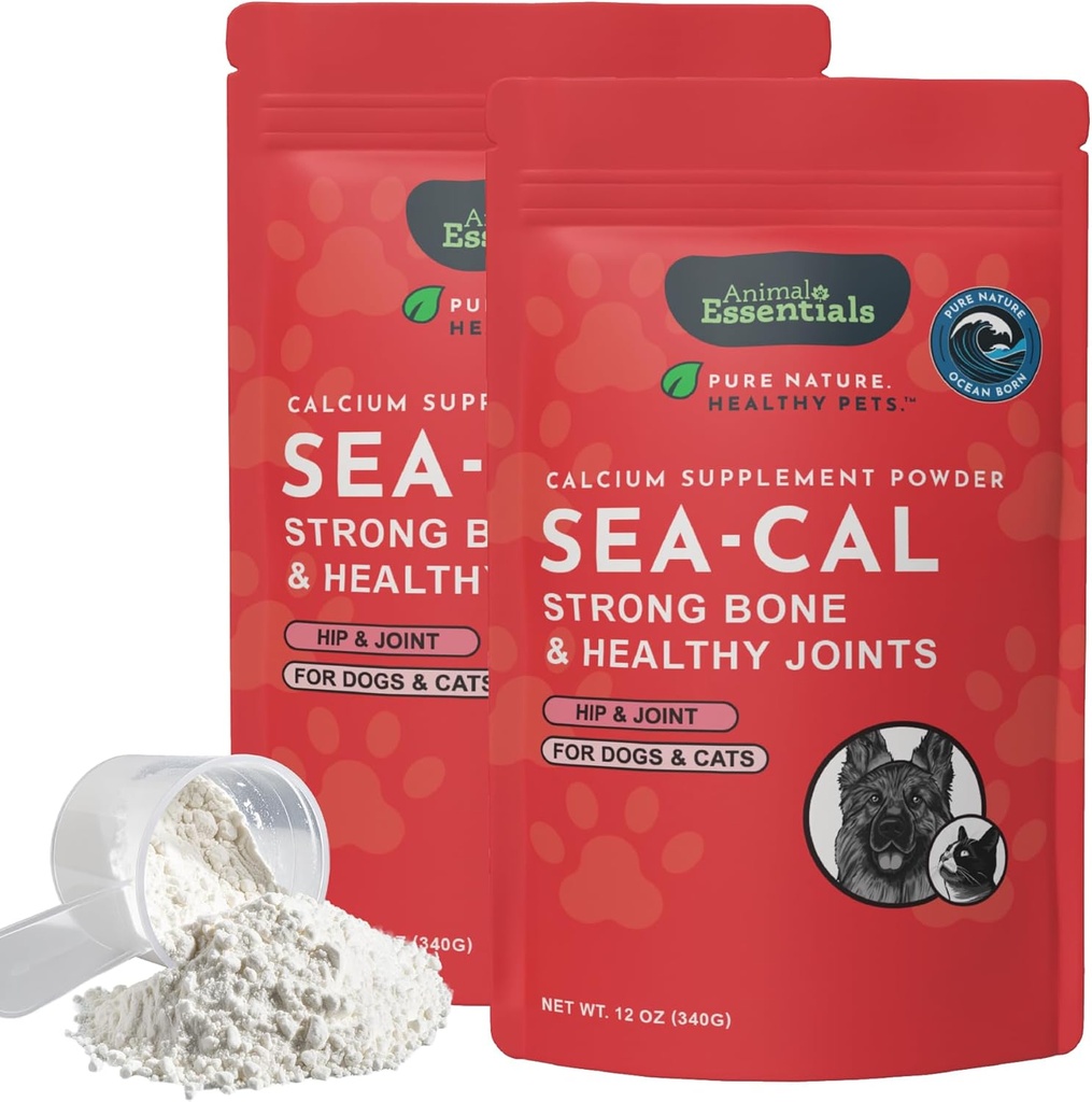 Essentials animaux Sea-Cal - Poudre de Calcium d'algues pures pour chiens au magnésium, Supplément pour chiens et chats pour os et dents sains, Santé articulaire, Calcium d'algues islandaise - 12 oz (paquet de 2)