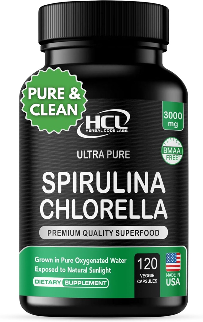 Chlorella Spirulina Poudre Capsules 3000 mg de BMAA Sans Algae Vert Bleu Purest - Meilleur Detox Naturel Vitamines Végétaux crus Protein Green Superfood - Fabriqué aux États-Unis