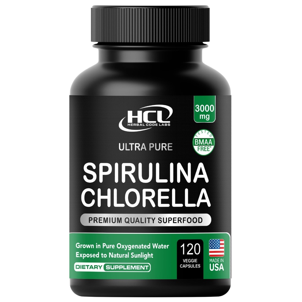 Chlorella Spirulina Powder Capsules 3000 mg of BMAA Free Purest Blue Green Algae - Best Natural Detox Raw Vegan Vitamins Protein Green Superfood - Made in USA