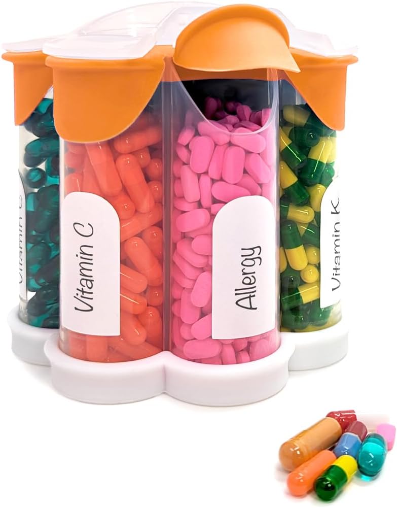 Extra Large Pill Organizer Daily, Weekly, Monthly Supplement Bouteille, Cute Blossom Pill Dispenser avec 7 XL Compartiments, Pill Box facile à ouvrir pour les vitamines, Médicaments, Etiquettes inclus (Orange)