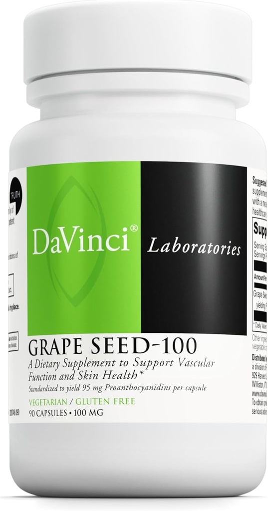 DAVINCI Labs Grain Seed-100 - Supplément alimentaire pour soutenir le système immunitaire, la fonction vasculaire et la peau saine* - avec 100 mg Extrait de graines de raisin par portion - Sans gluten - 90 Capsules végétariennes