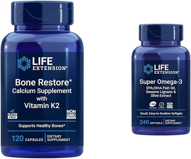 Life Extension Bone Restore + Vitamine K2 Vitamines et minéraux Maintenir la santé et la force des os et Super Omega-3 EPA/DHA Huile de poisson, sésame Lignans et extrait d'olive
