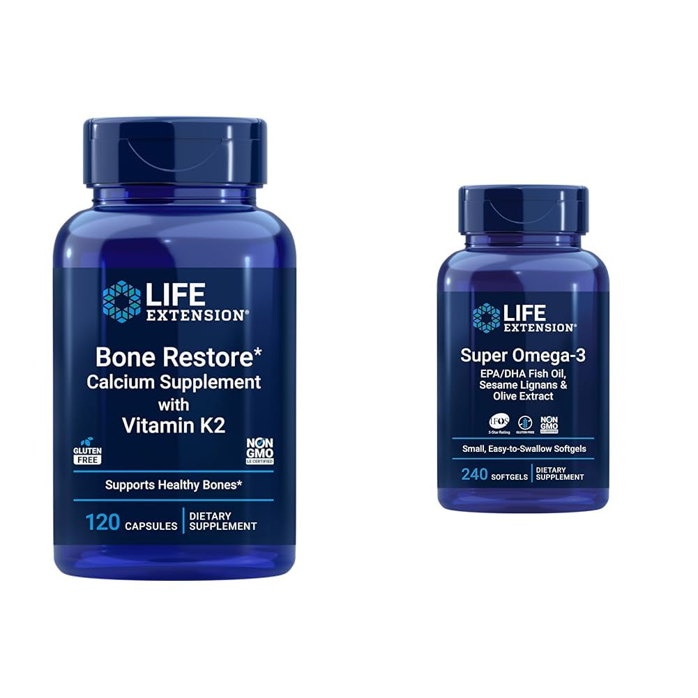 Life Extension Bone Restore + Vitamine K2 Vitamines et minéraux Maintenir la santé et la force des os et Super Omega-3 EPA/DHA Huile de poisson, sésame Lignans et extrait d'olive
