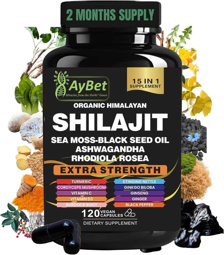 Shilajit pour hommes et femmes-Organic Himalayan Shilajit Capsules avec Moss de mer, Huile de graines noires, Ashwagandha, Rhodiola Rosea, Burdock, Cordyceps Champignon, Ginseng, Turmeric, Ginger, 120 Capsules