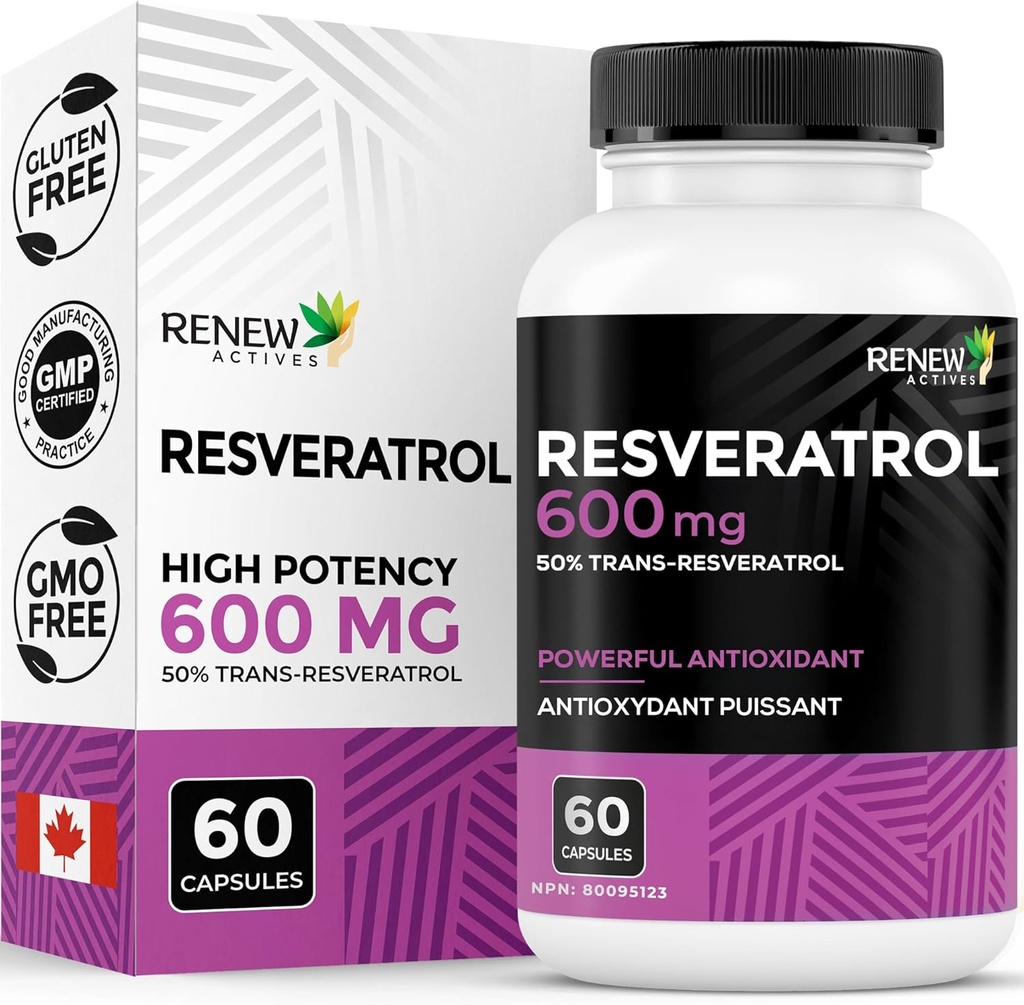 Renouveler le supplément de resvératrol actif 600mg par portion - Complexe antioxydant à haute puissance avec 50% de trans-resvératrol – soutient la santé cellulaire et la longévité - Fabriqué au Canada – 60 Capsules Vegan