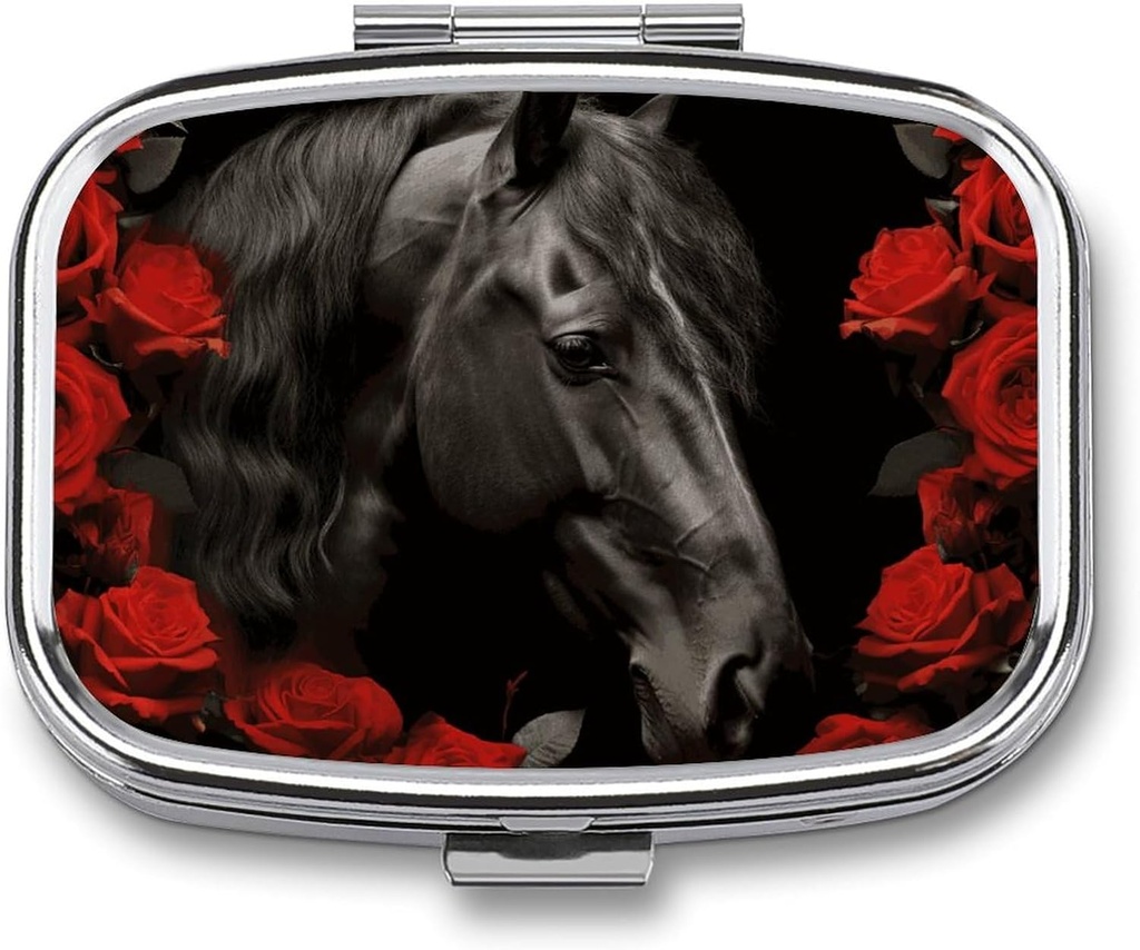 Black Horse on A Background of Red Roses Pill Box 2 Compartiment Portable Pill Case Daily Square Pill Organizer for Pocket Purse Daily Medicine Container to Hold Vitamines Fish Oil Travel Gifts