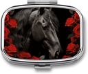Black Horse on A Background of Red Roses Pill Box 2 Compartiment Portable Pill Case Daily Square Pill Organizer for Pocket Purse Daily Medicine Container to Hold Vitamines Fish Oil Travel Gifts
