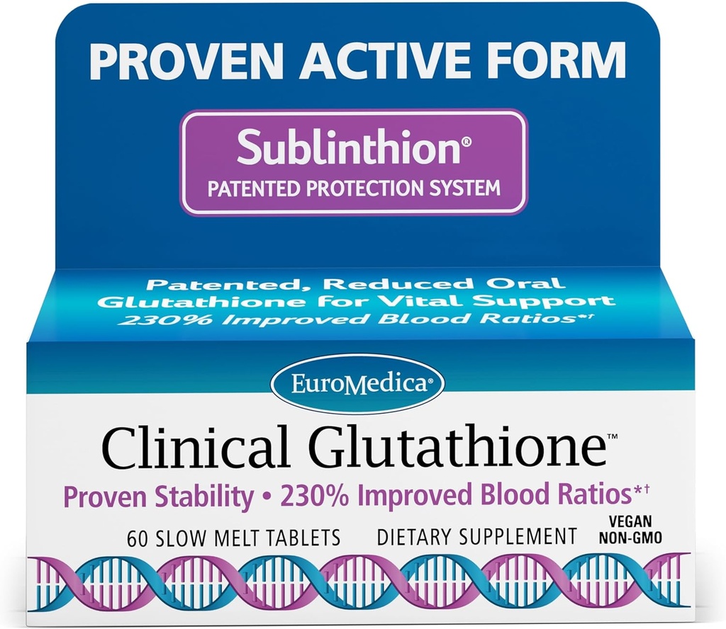 Glutathion clinique EuroMedica - Antioxydant pour une absorption élevée - Supplément alimentaire avec L-Glutathion - Supplément végétalien pour soutenir la santé cellulaire - 60 comprimés à fusion lente