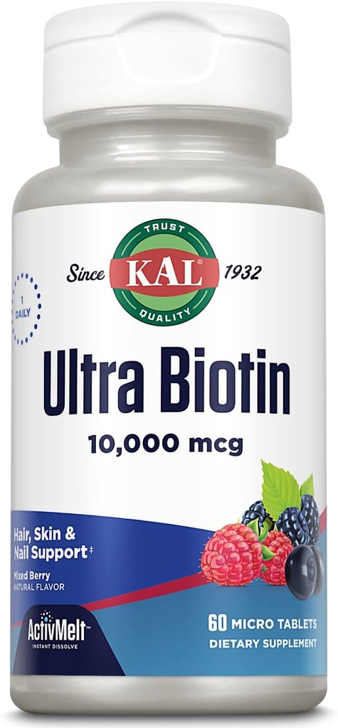 KAL Ultra Biotin 10000mcg ActivMelt, supplément de croissance des cheveux, vitamine B7 de haute puissance pour les cheveux sains, la peau, les ongles et le soutien énergétique, végétarien, naturel mélange de saveur de baie, 60 portions, 60 micro comprimés