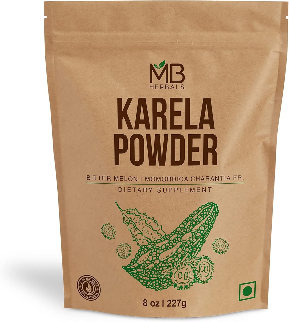 MB Herbals De-Seeded Karela Powder 8 oz / 227 Gram (0.5 lb) | 100% Pure Bitter Melon Powder | Momordica charantia Fr. | No Preservatives Non GMO Gluten Free