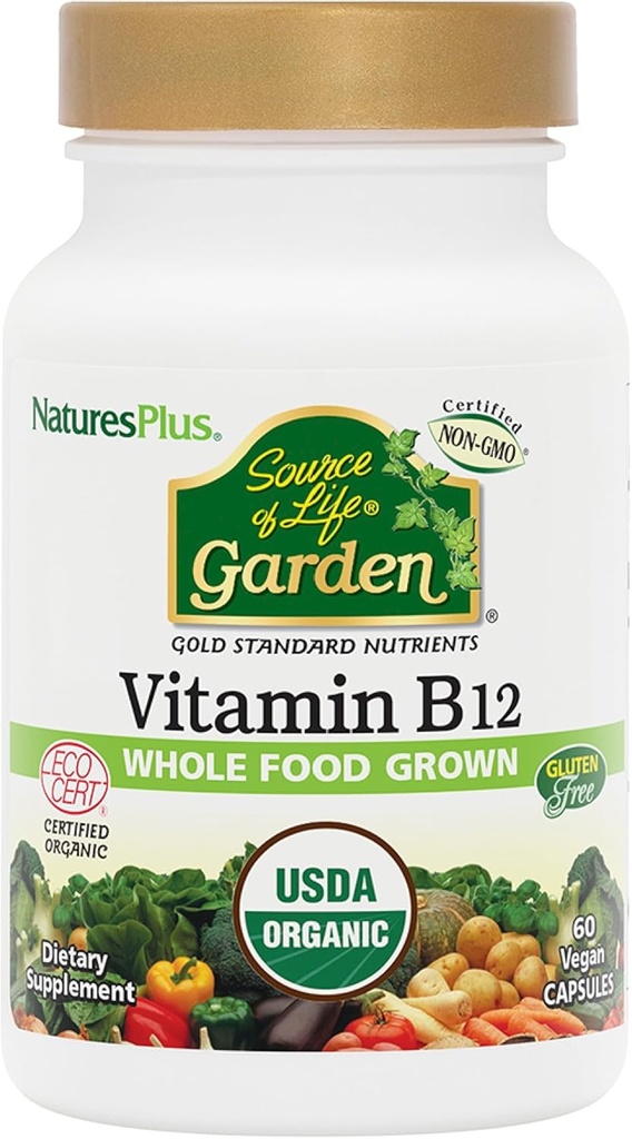 NaturesPlus Source of Life Garden Vitamin B12 - Pack of 2, 60 Vegan Capsules - Vegetarian, Gluten Free, Certified Organic - 60 Total Servings