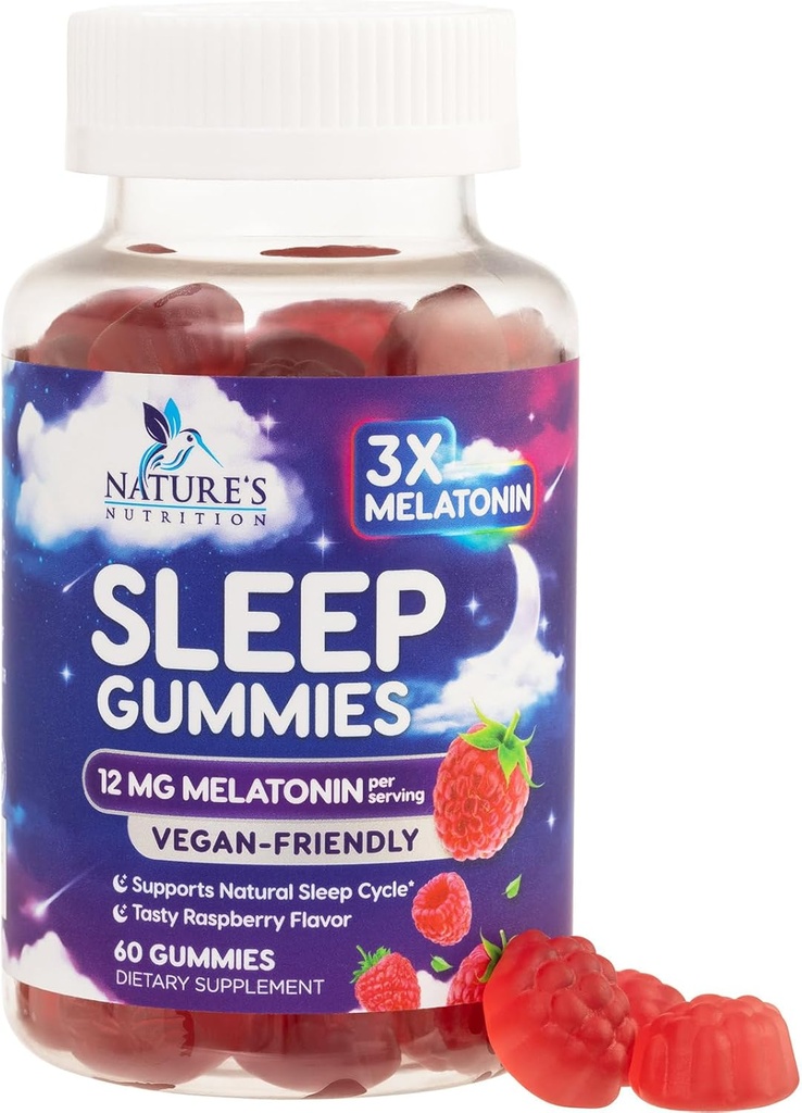Gummies de sommeil pour adultes Extra Strength - 12 mg Melatonin Supplément Gummy de sommeil, Melatonin Gummy pour supplément occasionnel de soutien du sommeil, végétalien, non-OGM, sans gluten, Gomitas para Dormir, 60 Gummies