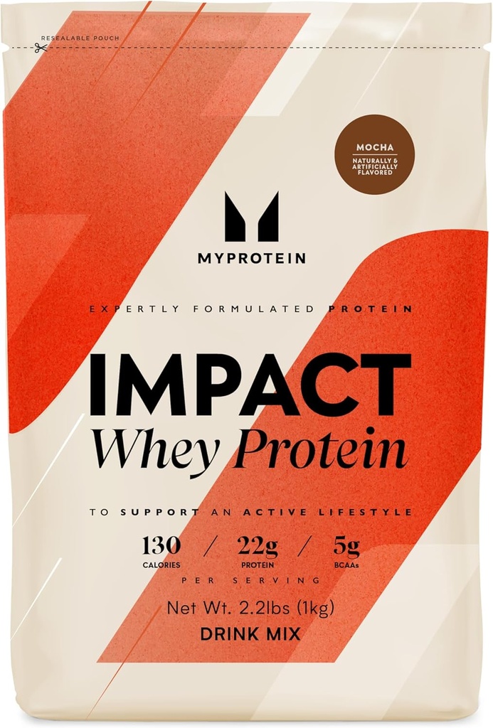 Myprotéine Impact Poudre de protéines de lactosérum, 2,2 Lb (31 portions) Moka, 22g Protéines et 5g BCAA par portion, Shake for Superior Performance