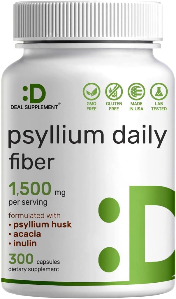 Psyllium Husk 1500mg Per Serving, 300 Capsules – 3 in 1 Fiber Supplement with Inulin & Acacia Complex – Natural Soluble Fiber, Supports Digestive Health – Plant Based, Non-GMO