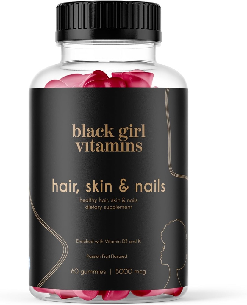 Vitamines de fille noire - cheveux, peau et ongles Gommies avec biotine (6000 mcg), zinc, sans gélatine, vitamine A et vitamine E - sans gluten. Fabriqué aux États-Unis (fruits de passion, 60 comtes) 30 jours d'approvisionnement